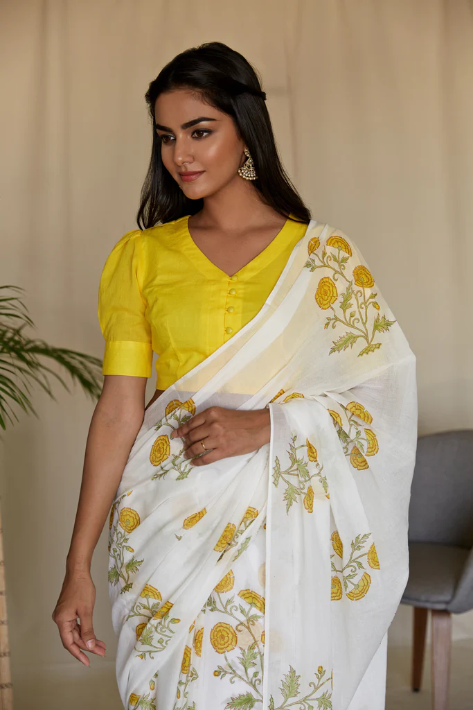 White Saree Yellow blouse