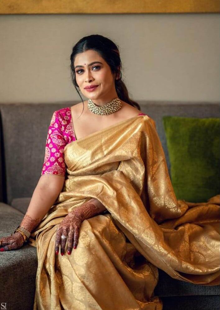 Plain Gold Saree with Pink Blouse