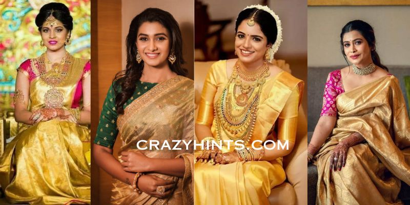 Read more about the article Plain Golden Saree with Contrast Blouse Designs