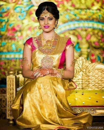 Gold Saree with Pink Blouse