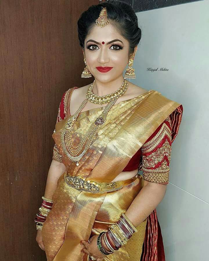 Golden Saree with Red Blouse: