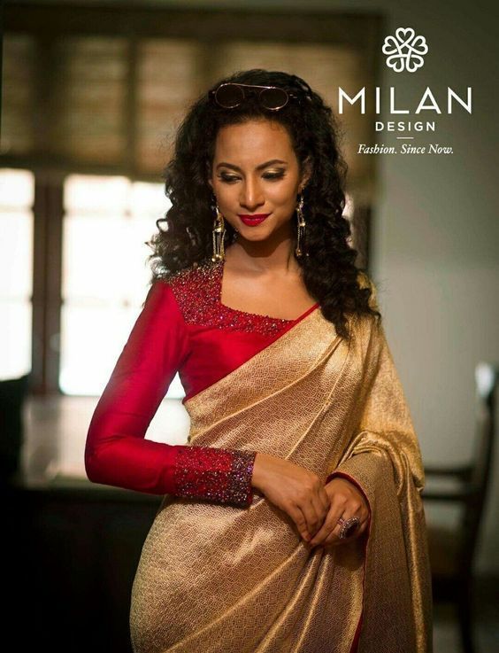 Plain Gold Saree with Red Blouse: