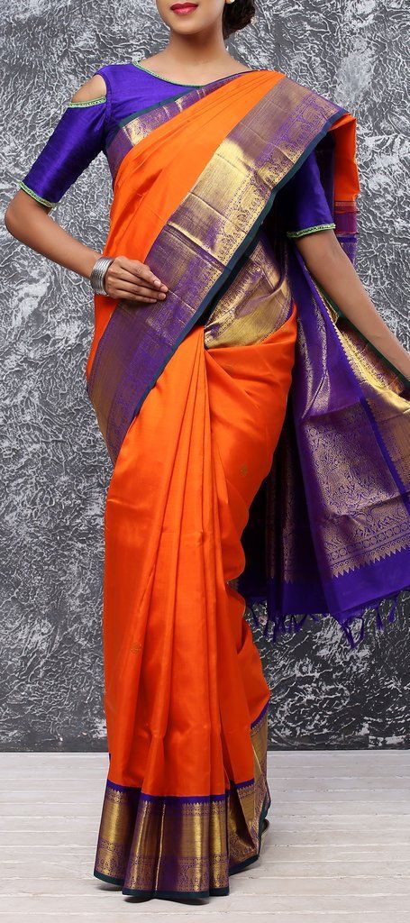 Orange Pattu Saree with Blue Blouse