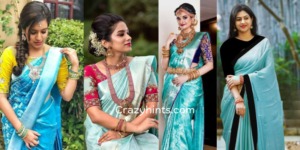Read more about the article Light Sky Blue Saree Contrast Blouse Designs